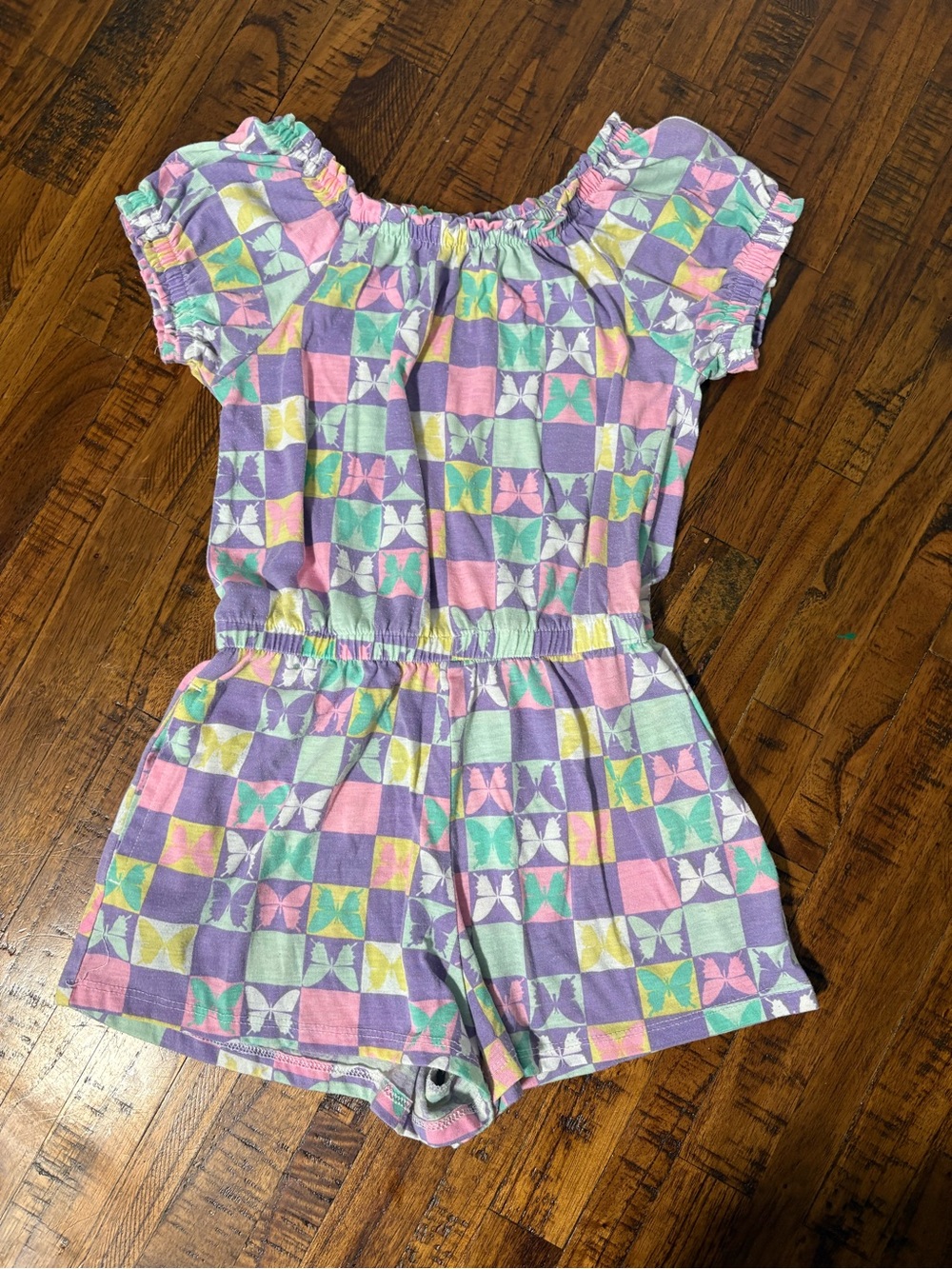 Girls Pastel Butterfly Check Romper - Pink, Purple & Mint
